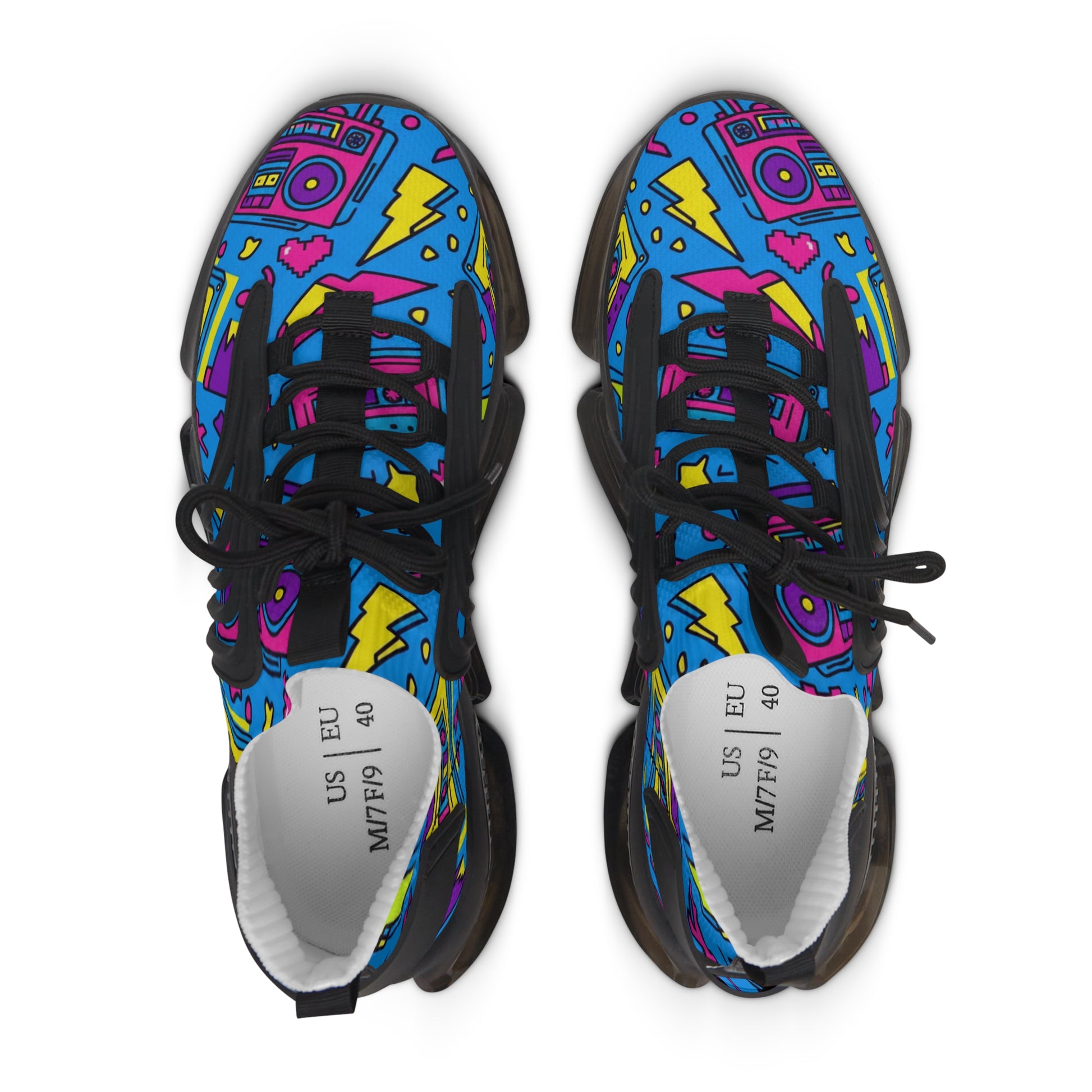 Colorful sneakers with a graphic design on a white background