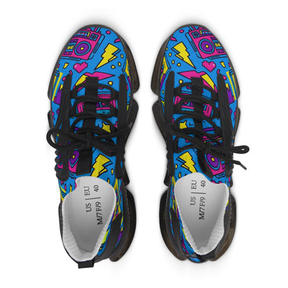 Colorful sneakers with a graphic design on a white background