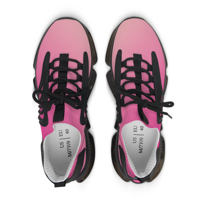 Pink sneakers with black laces on a white background