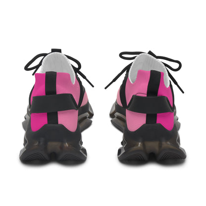 Pair of pink and black checkered sneakers on a white background