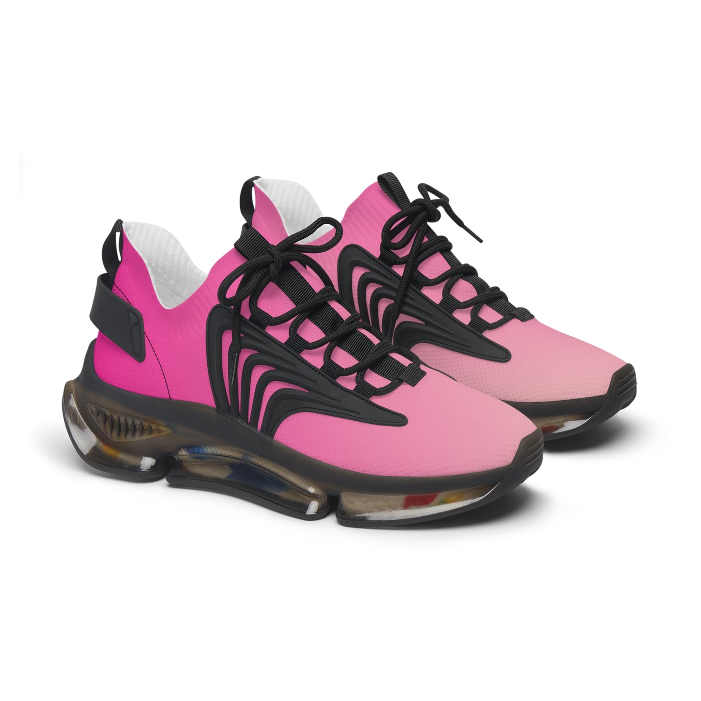 Pink sneakers with black accents on a white background