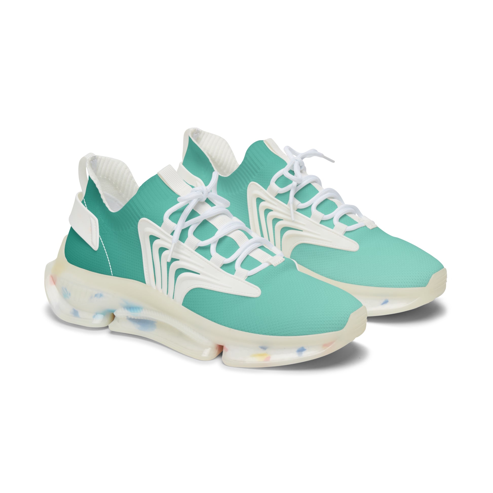 Turquoise sneakers with white laces on a white background