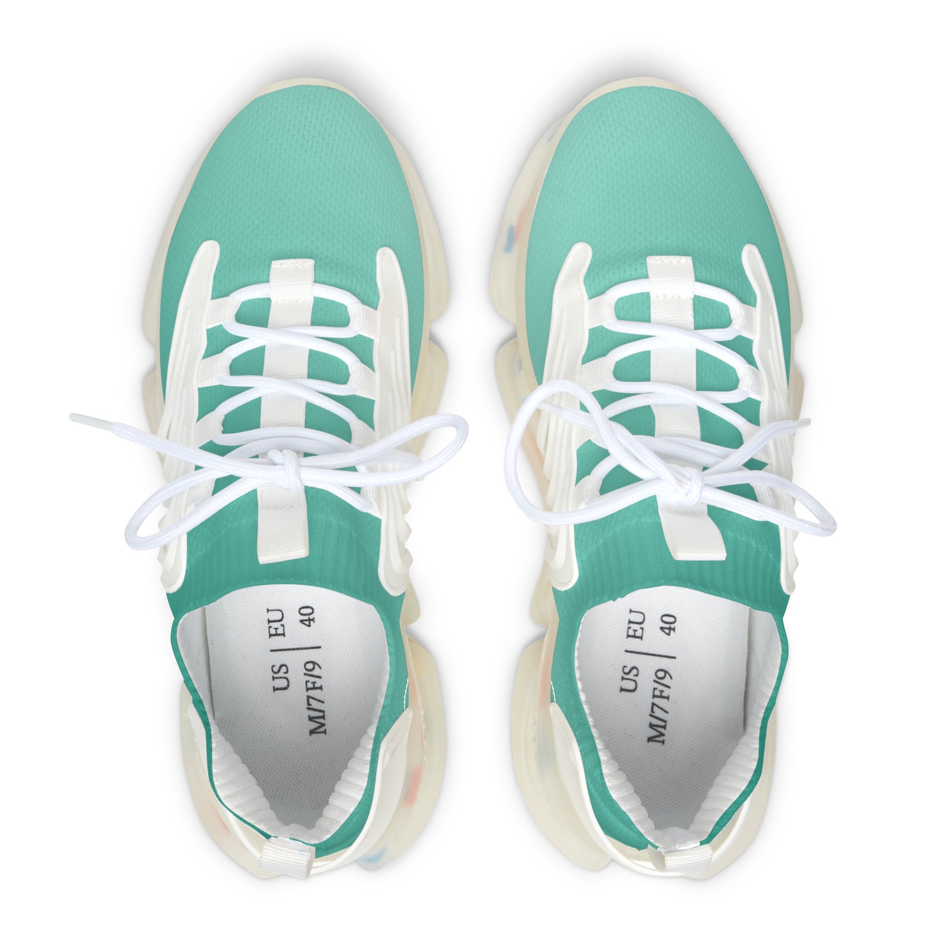 Pair of teal sneakers with white laces on a white background