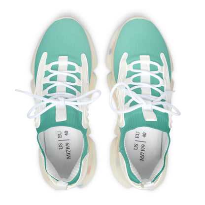 Pair of teal sneakers with white laces on a white background