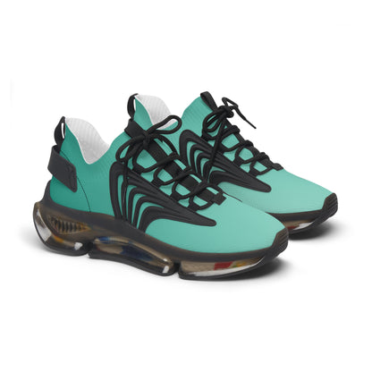 Turquoise sneakers with black laces on a white background