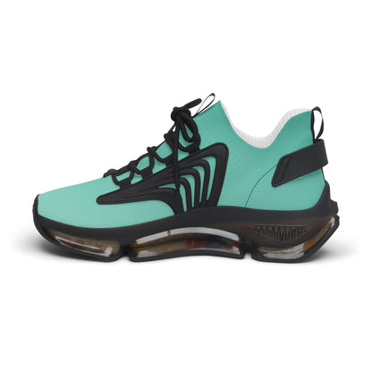 Turquoise sneaker with black accents on a white background