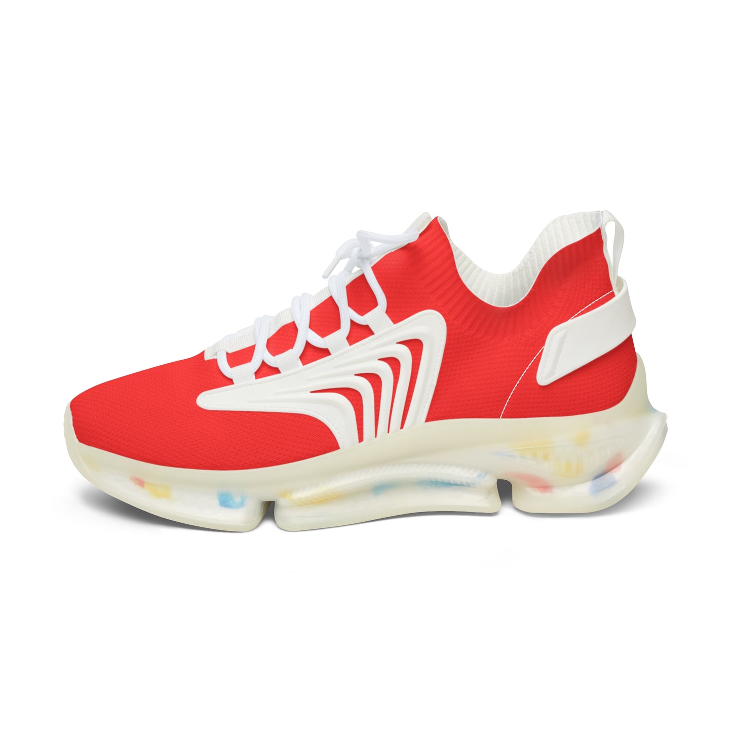 Red and white sneaker with a colorful sole on a white background