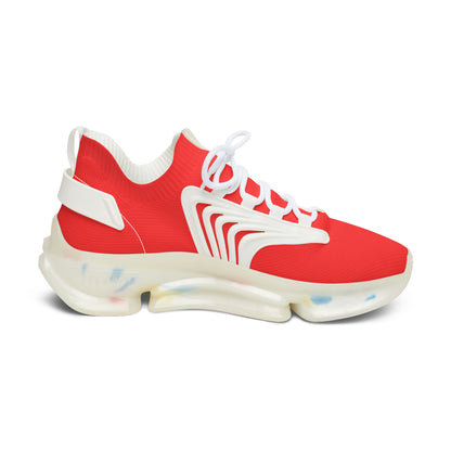 Red and white sneaker with a unique sole design on a white background