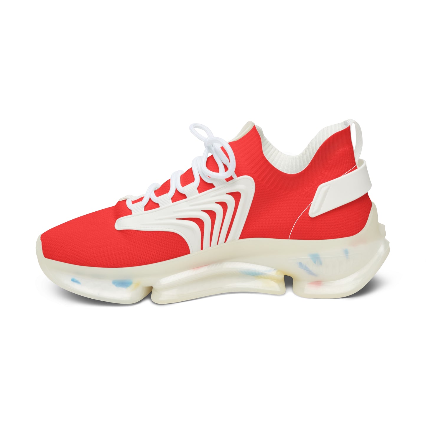 Red and white sneaker with a unique sole design on a white background