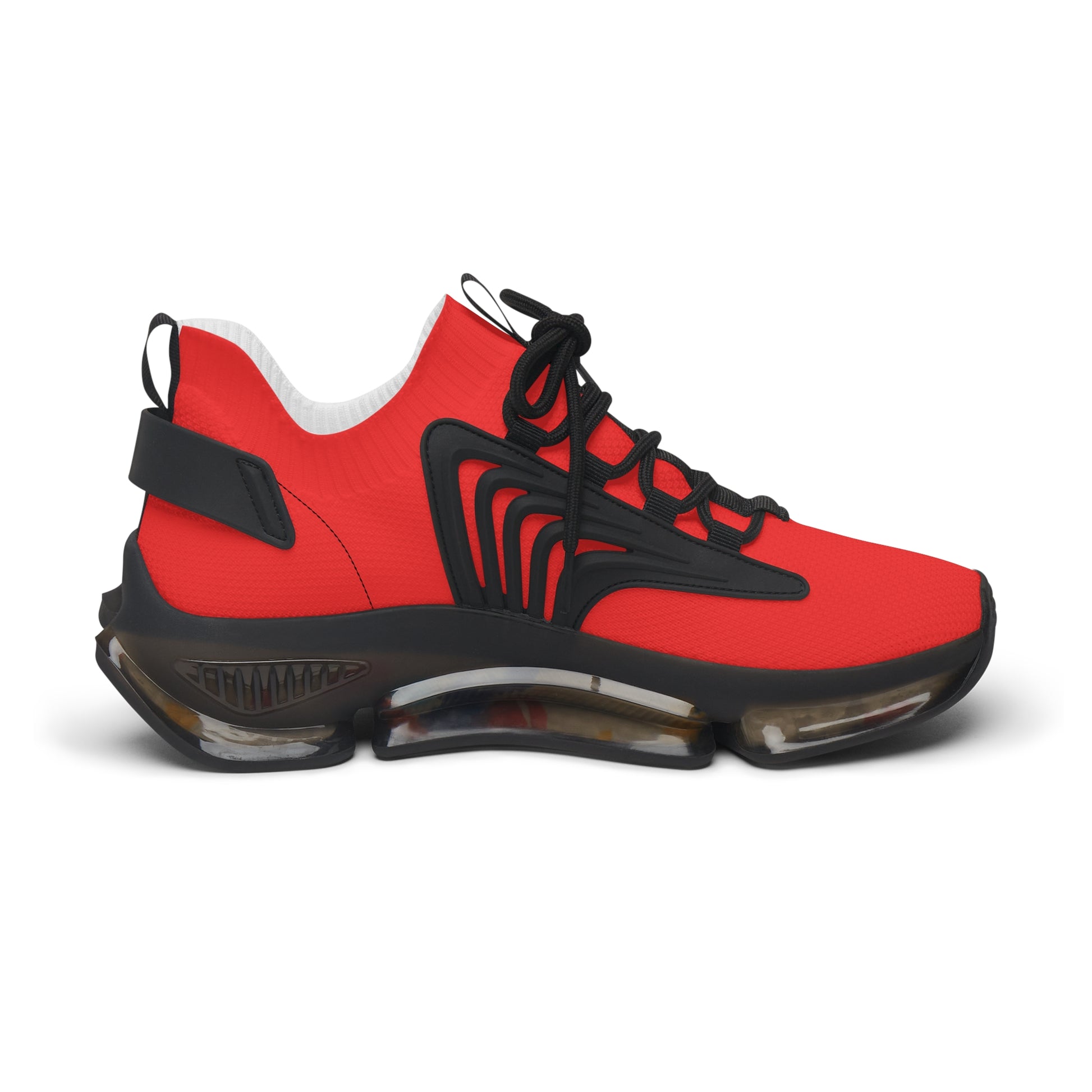 Red and black sneaker with a white background