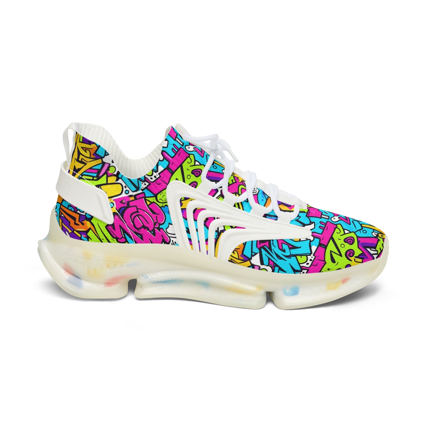 Colorful sneaker with a vibrant pattern on a white background