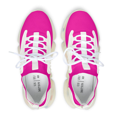 Pair of bright pink sneakers with white laces on a white background