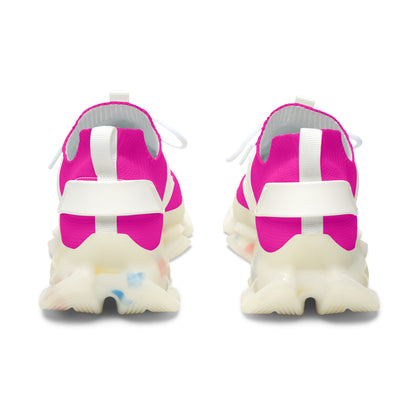 Pink and white checkered sneakers with thick white soles on a white background