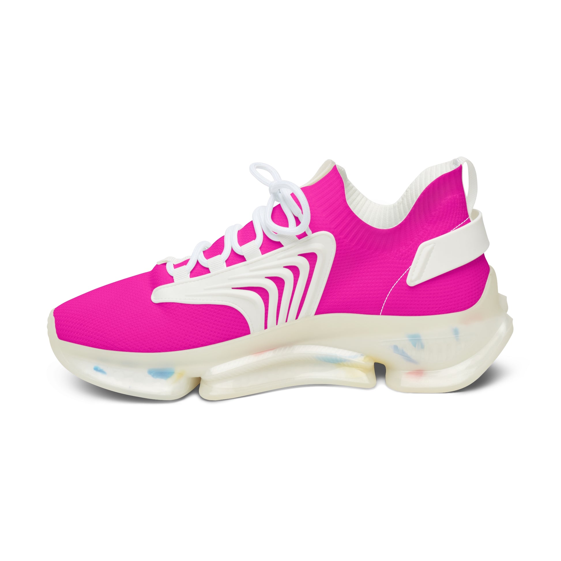 Pink and white sneaker with a unique sole design on a white background